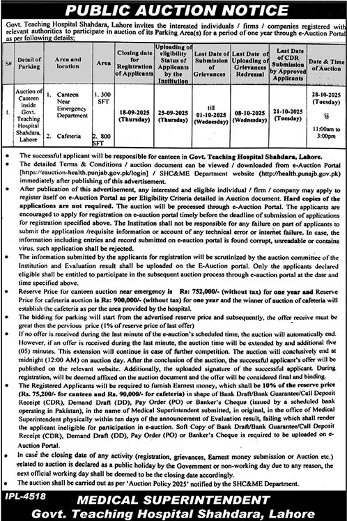 Govt Teaching Hospital Shahdara Lahore Tender Notice